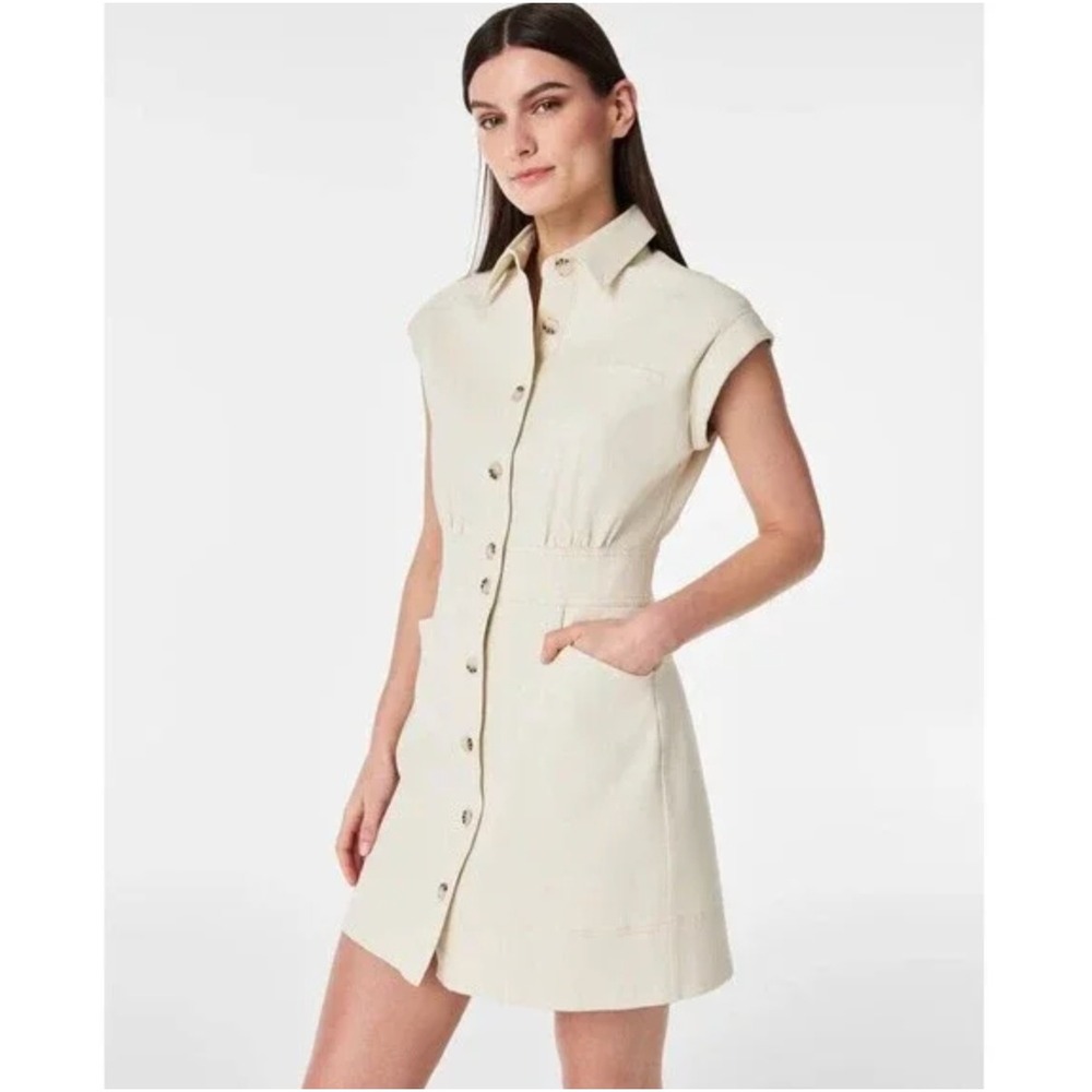 Spanx Twill Utility Dress Button Down‎ Denim Cream Size Large